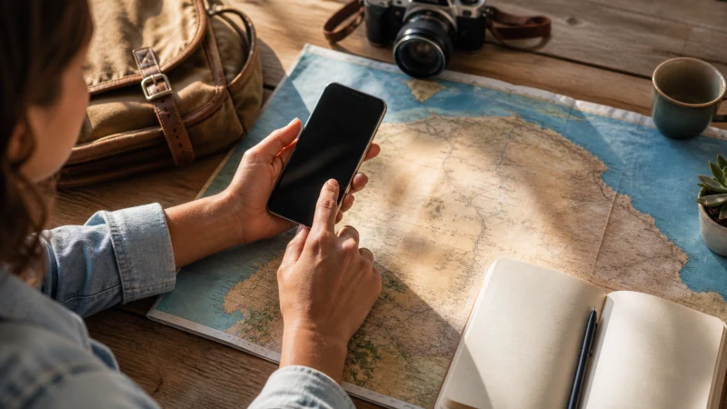 Traveller checking mobile data usage on a smartphone in Algeria
