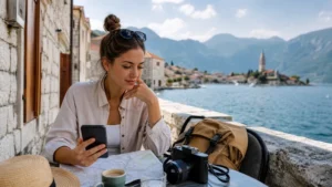 Traveller planning mobile-data use at an Adriatic waterfront café.