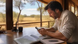 Traveller checking data use before a Botswana road trip.