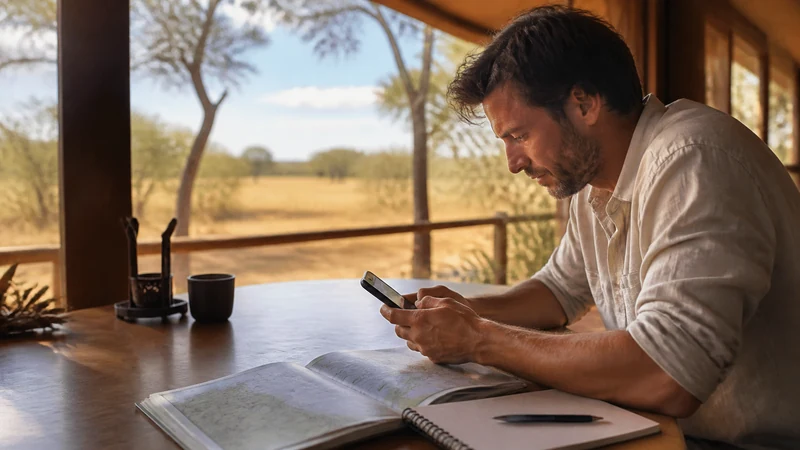 Traveller checking data use before a Botswana road trip.