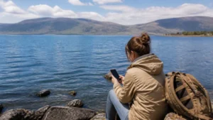 Traveller reviewing mobile data use beside Lake Sevan