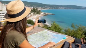 Traveller using a smartphone on the Bulgarian Black Sea coast
