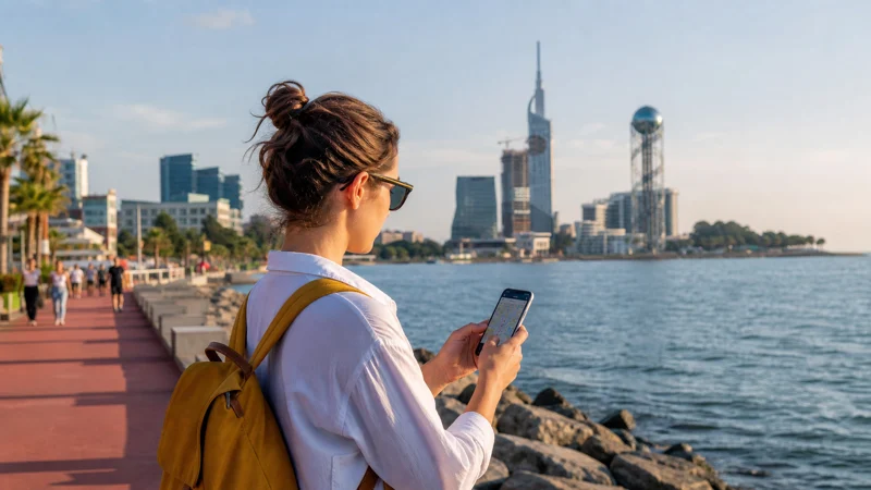 Traveller using a smartphone on the Batumi seaside promenade in Georgia