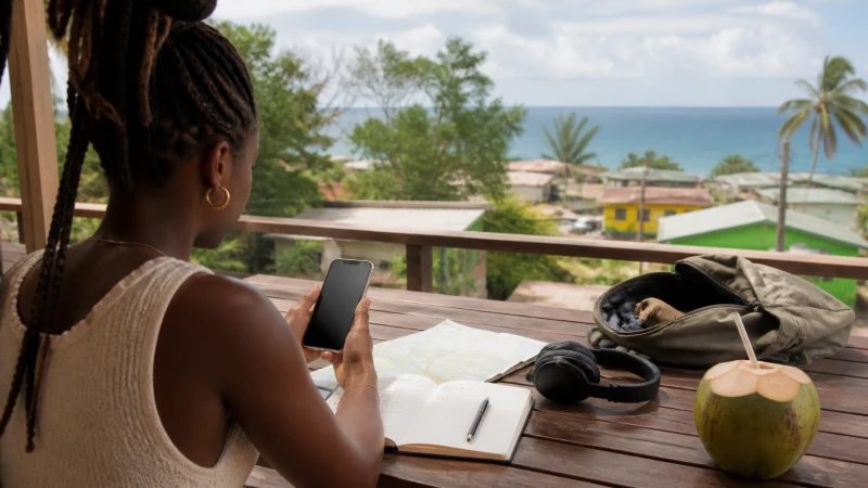 Traveller using a smartphone in Jamaica while choosing a data allowance for Jamaica