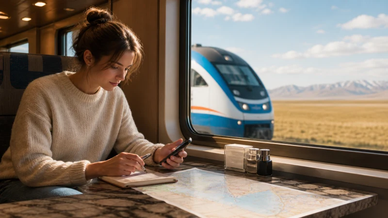 Rail traveller planning mobile-data use across Kazakhstan.