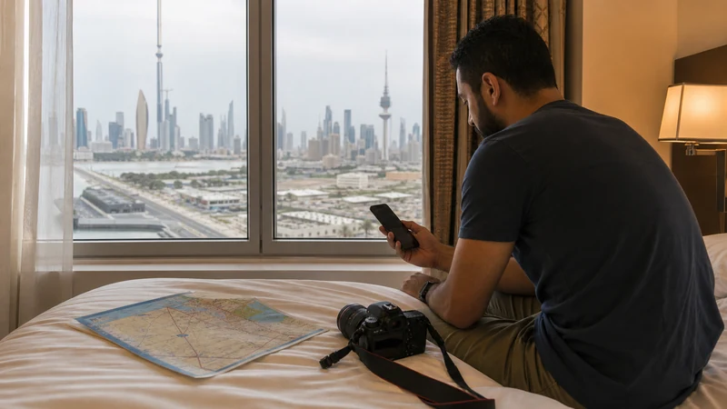 Traveller using a smartphone in a Kuwait setting related to how much mobile data will you need in kuwait?