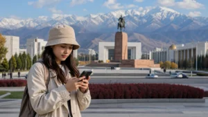 Traveller using a smartphone in Kyrgyzstan for how much data kyrgyzstan
