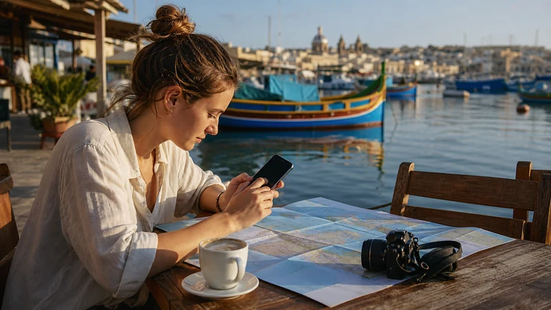 Traveller using a smartphone in Malta while choosing a mobile-data allowance for Malta