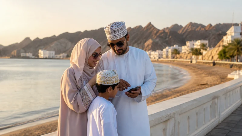 Family reviewing a phone beside qurum beach
