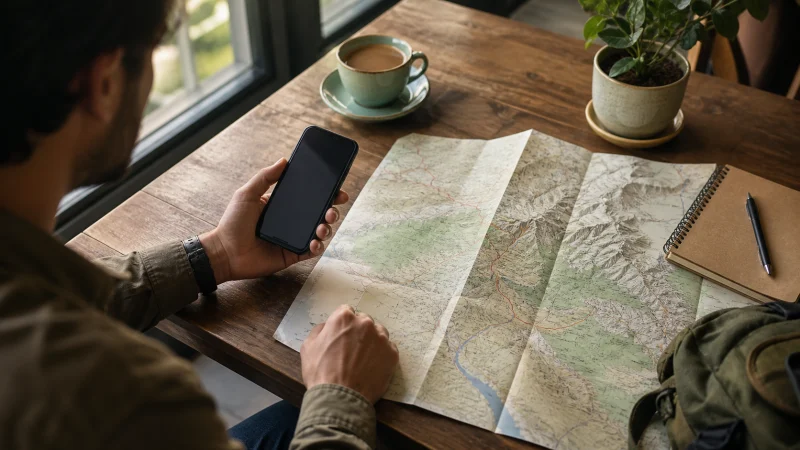 Traveller planning a Pakistan journey with a phone and map