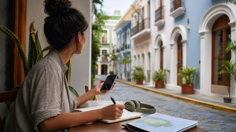 Traveller using a smartphone in Puerto Rico while choosing a data allowance for Puerto Rico