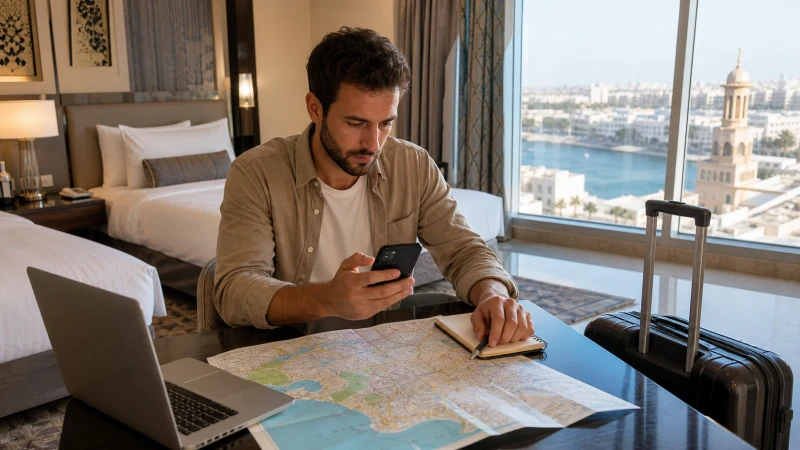 Traveller planning mobile data needs in a Saudi hotel room.