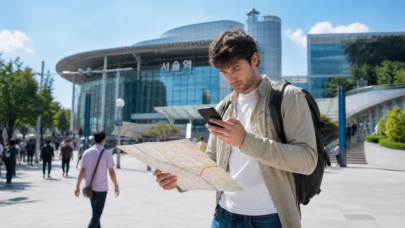 Traveller planning a South Korea journey with a phone and map