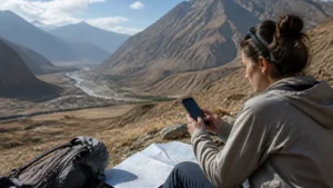 Traveller planning a Tajikistan route with a phone and map