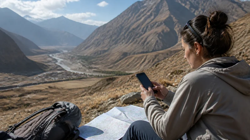 Traveller planning a Tajikistan route with a phone and map