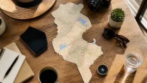 Traveller planning a Tunisia journey with a phone and paper map