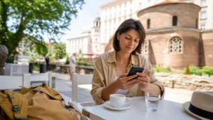 Traveller setting up mobile internet at a café in Bulgaria
