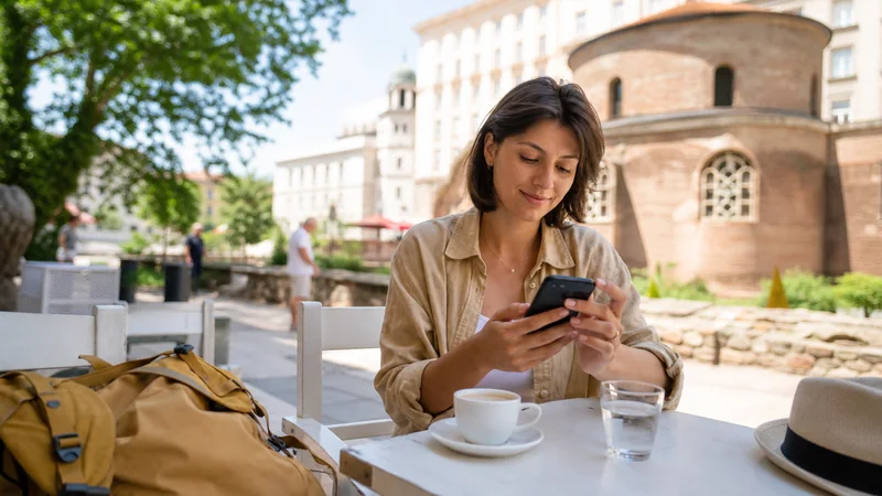 Traveller setting up mobile internet at a café in Bulgaria