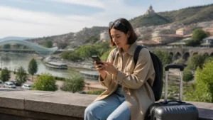 Newly arrived traveller setting up smartphone data in Tbilisi