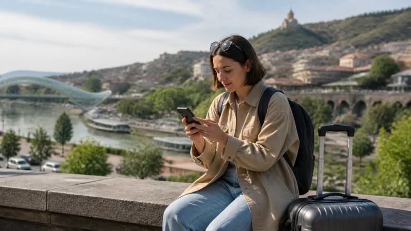 Newly arrived traveller setting up smartphone data in Tbilisi