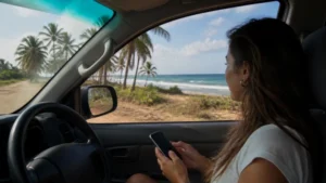 Traveller using mobile internet during a coastal journey in Mozambique