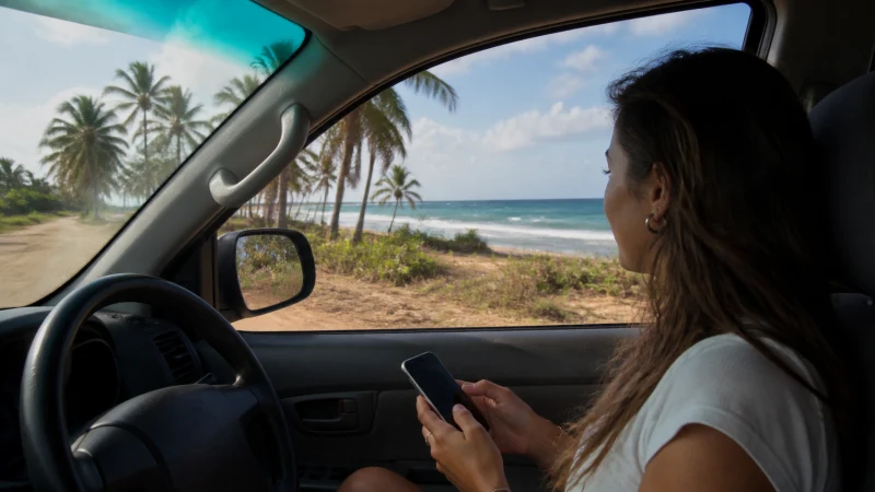 Traveller using mobile internet during a coastal journey in Mozambique