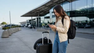 Traveller using a smartphone during how to get internet in north macedonia in North Macedonia.