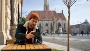 Traveller using a smartphone during how to get internet in romania in Romania.