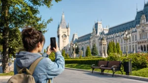 Traveller using a smartphone during mobile internet in iași in Romania.