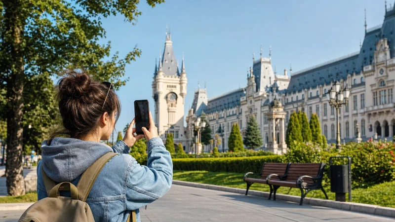 Traveller using a smartphone during mobile internet in iași in Romania.