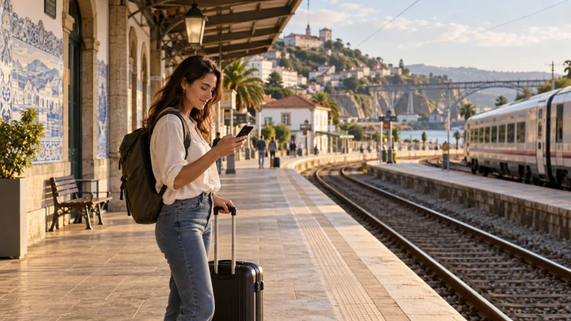 Traveller using a smartphone at an Iberian railway station