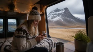 Traveller using a smartphone in Iceland