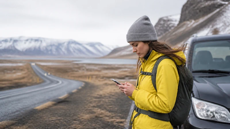 Traveller using a smartphone in Iceland