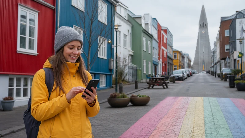 Traveller using a smartphone in Iceland