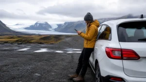 Traveller using a smartphone in Iceland