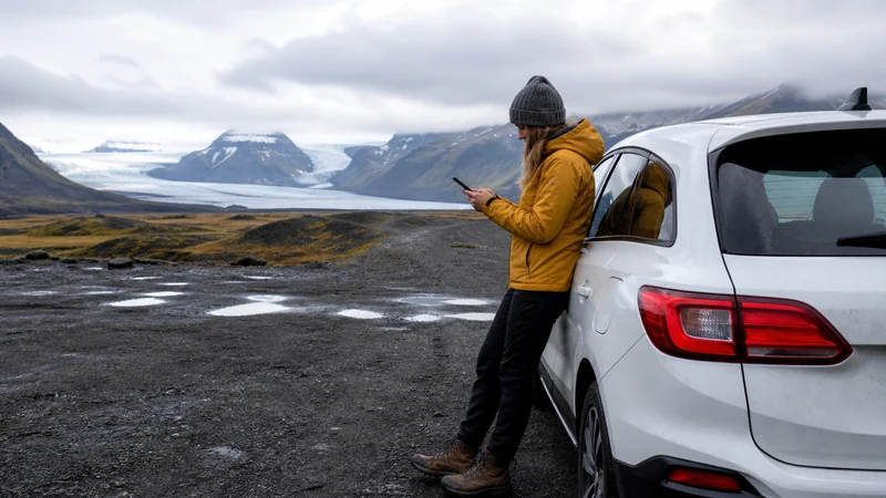 Traveller using a smartphone in Iceland