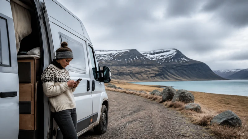 Traveller using a smartphone in Iceland