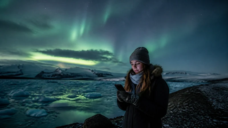 Traveller using a smartphone in Iceland