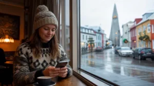 Traveller using a smartphone in Iceland