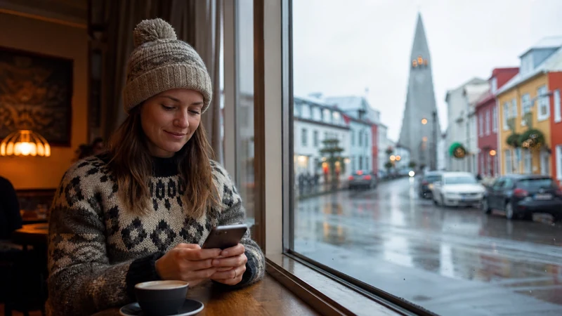 Traveller using a smartphone in Iceland