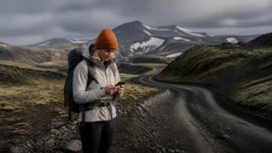 Traveller using a smartphone in the Icelandic Highlands