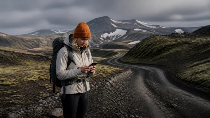 Traveller using a smartphone in the Icelandic Highlands