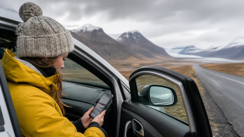 Traveller using a smartphone in Iceland