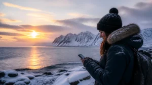 Traveller using a smartphone in Iceland