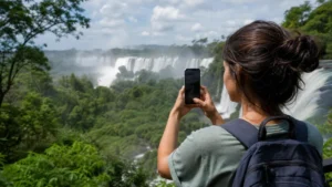Traveller using a smartphone in Argentina for staying online around iguazú falls