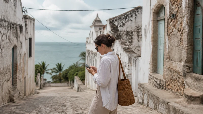 Traveller using a smartphone on Ilha de Mozambique