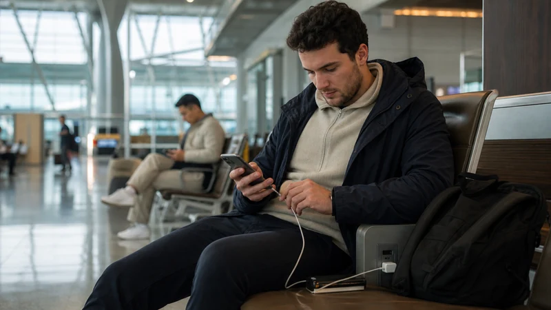 Traveller using a smartphone safely at Incheon Airport