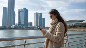 Traveller using a smartphone beside Incheon waterfront