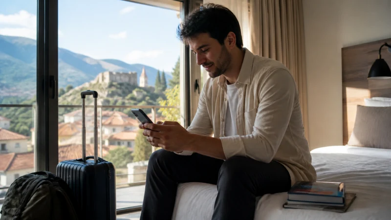 Traveller installing an eSIM before departure from a Balkan hotel.