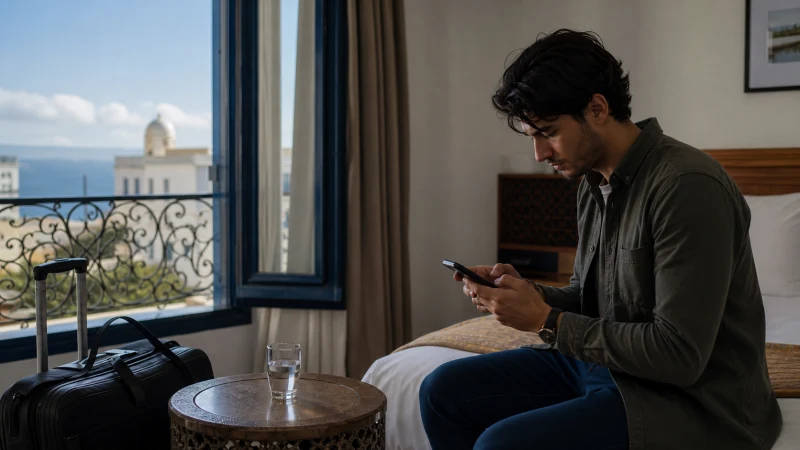 Traveller installing an eSIM before a trip to Algeria